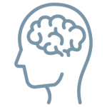 Outline of a human head in profile with a simplified drawing of a brain inside, depicted in a single blue line.
